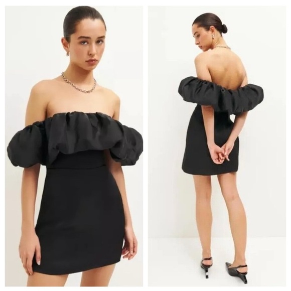NEW Reformation Alber Satin Off The Shoulder Ruffle Mini Dress Black NWT - Picture 1 of 10